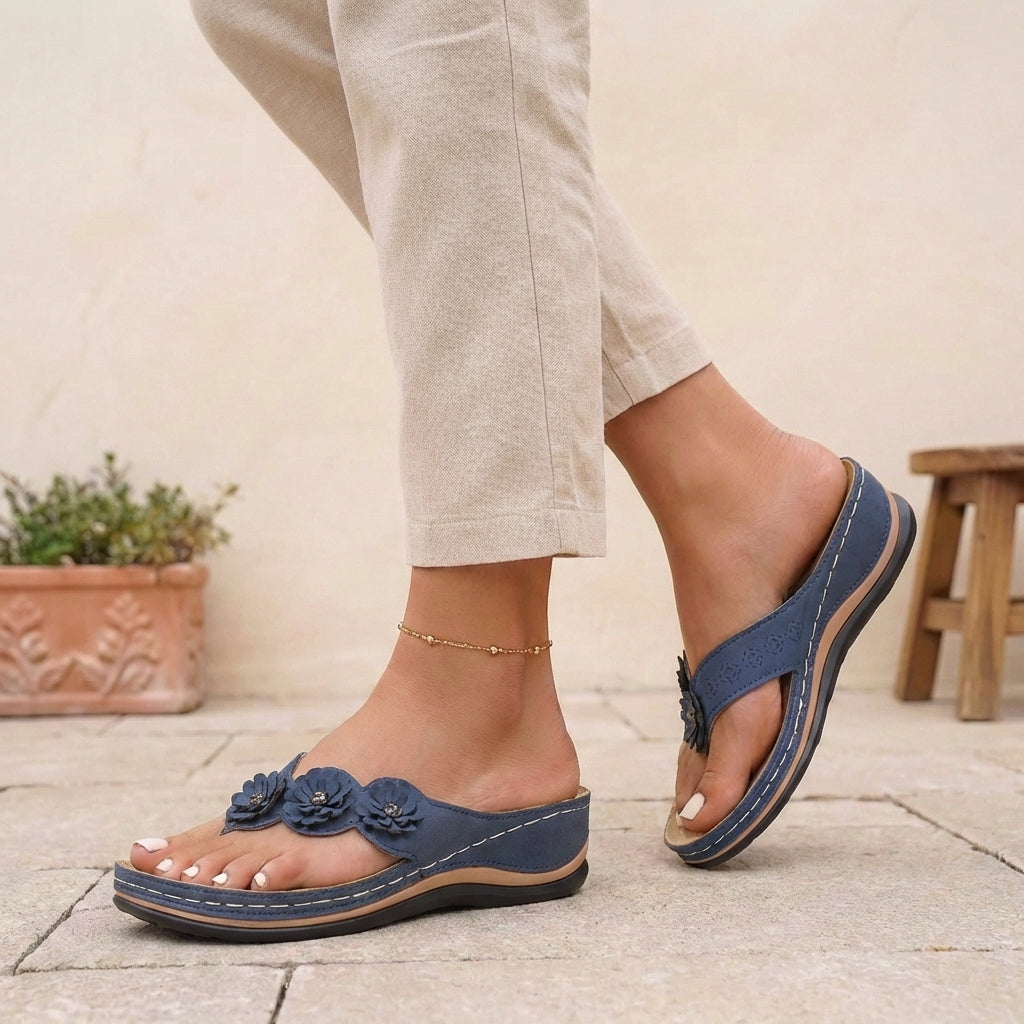 Floral Applique Wedge Flip-Flop Sandals for Women – Orthopedic Comfort & Style