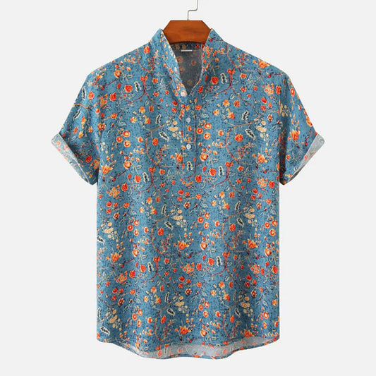 Men's Shirt - Short-Sleeved Relaxed Fit - Floral Print - Mandarin Collar