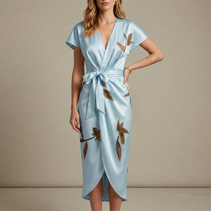 Floral Wrap Midi Dress for Women – Elegant Comfort & Timeless Style