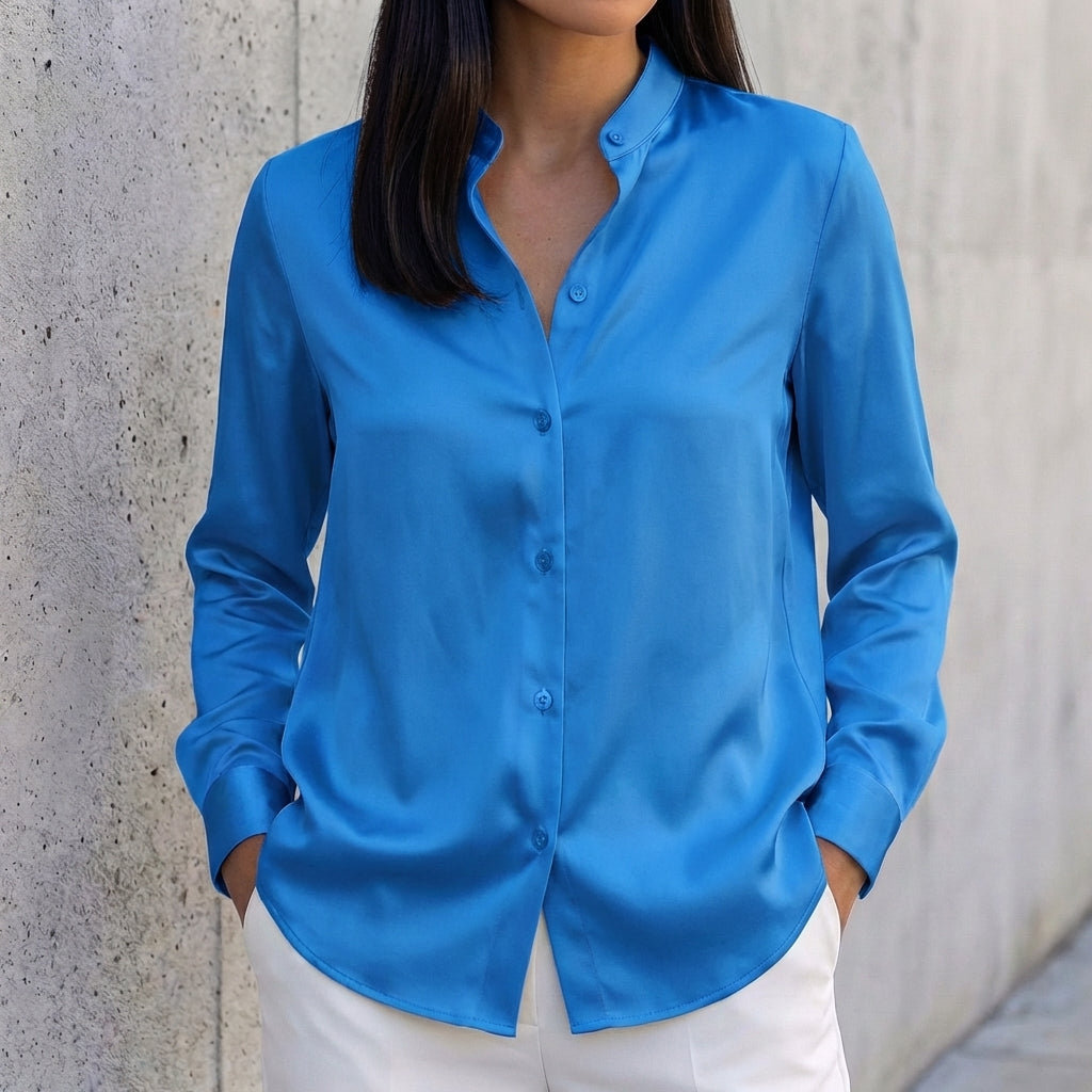 Tailored Relaxed Fit Band Collar Button-Up Shirt for Women – Timeless & Versatile