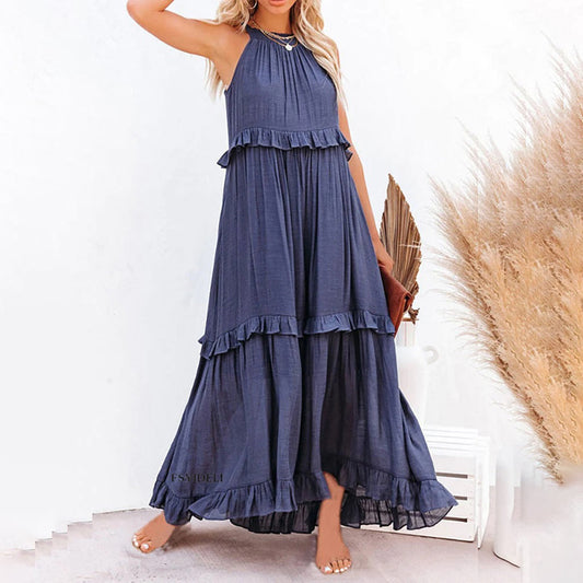 Women's Maxi Dress - Halterneck - Lightweight Fabric - Flowy Fit - Ruched Waist and Hem
