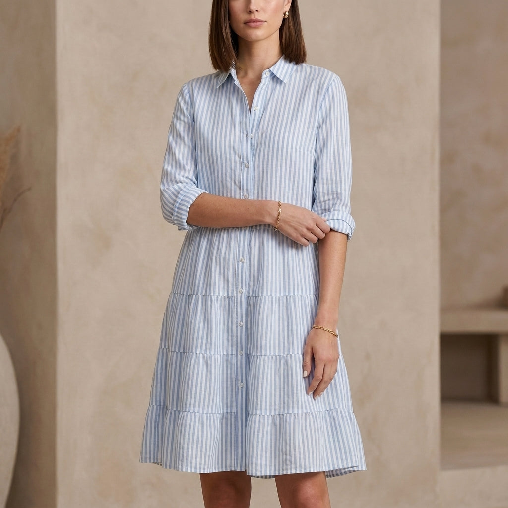 Relaxed Fit Tiered Striped Shirt Dress for Women – Stylish Casual Comfort