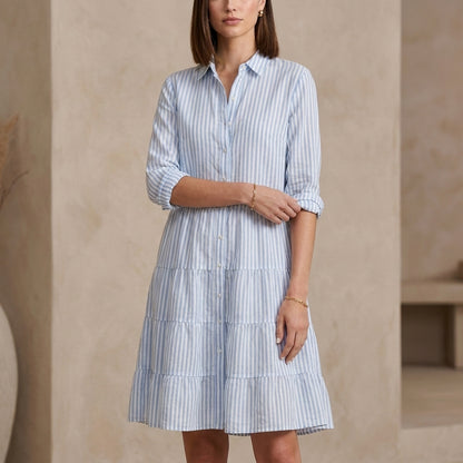Relaxed Fit Tiered Striped Shirt Dress for Women – Stylish Casual Comfort