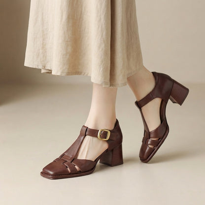 Square Toe Chunky Heeled Leather Cage Sandals for Women – Stylish & Comfortable Design