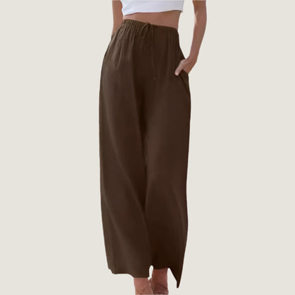 Women's Trousers – Wide Fit – Linen Blend – Drawstring Closure – With Side Pockets