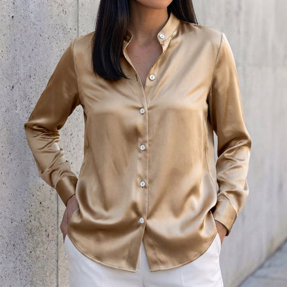 Tailored Relaxed Fit Band Collar Button-Up Shirt for Women – Timeless & Versatile