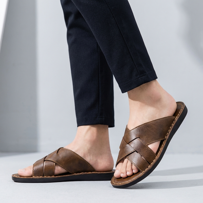 Cross-Strap Leather Slide Sandals for Men – Stylish Casual Comfort