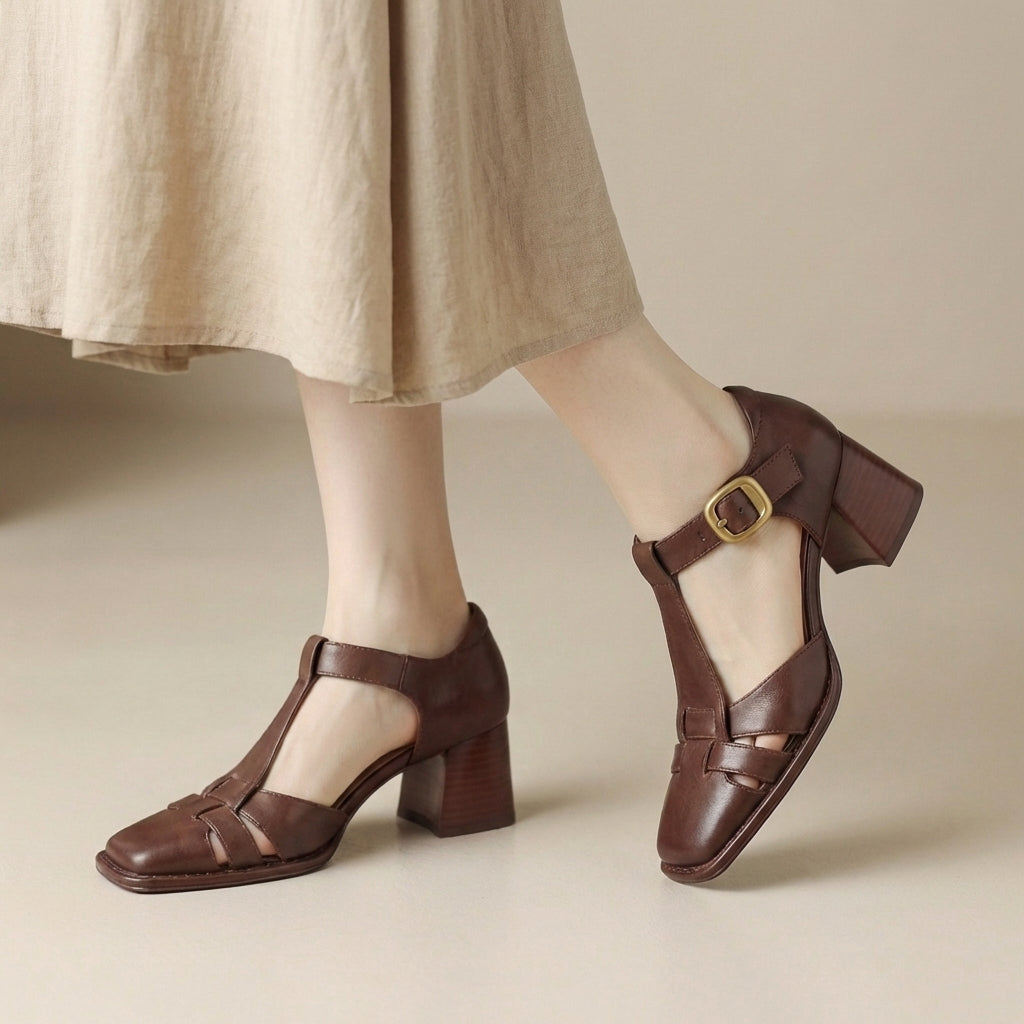 Square Toe Chunky Heeled Leather Cage Sandals for Women – Stylish & Comfortable Design