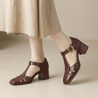 Square Toe Chunky Heeled Leather Cage Sandals for Women – Stylish & Comfortable Design