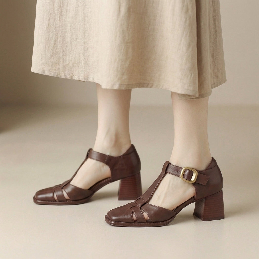 Square Toe Chunky Heeled Leather Cage Sandals for Women – Stylish & Comfortable Design
