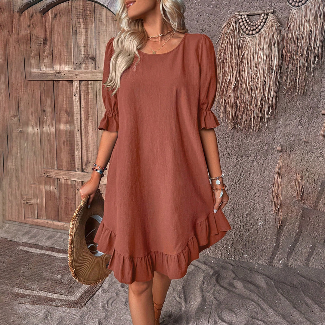 Women's Dress - A-line Fit - Puff Sleeves - Round Neck - Ruffle Hem Casual Look