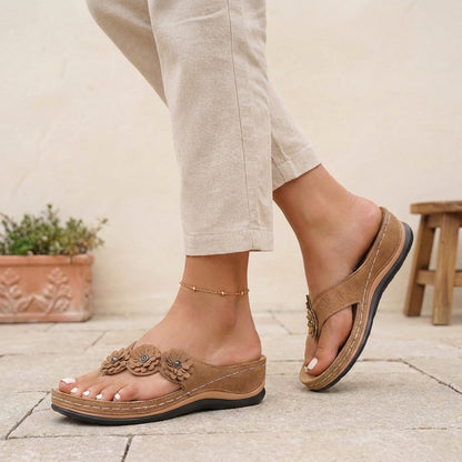 Floral Applique Wedge Flip-Flop Sandals for Women – Orthopedic Comfort & Style