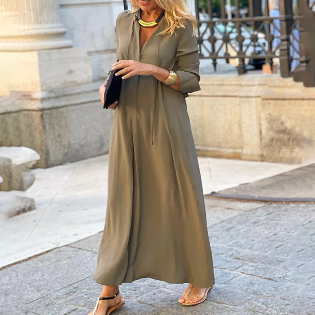 Women's Maxi Dress - Loose Fit - V-neck - Long Sleeves - Lightweight and Breathable