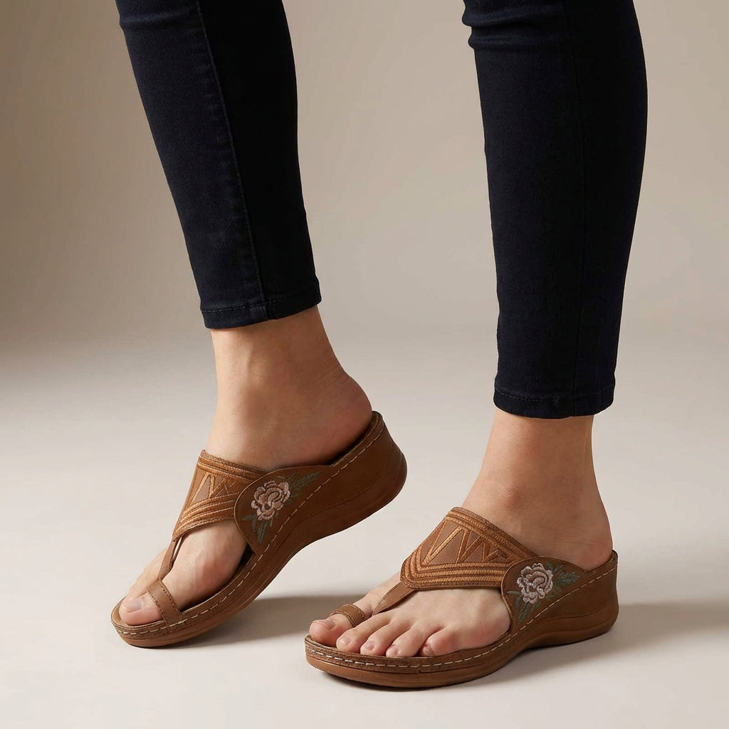 Embroidered Floral Orthopedic Wedge Sandals for Women – Stylish Comfort & Support