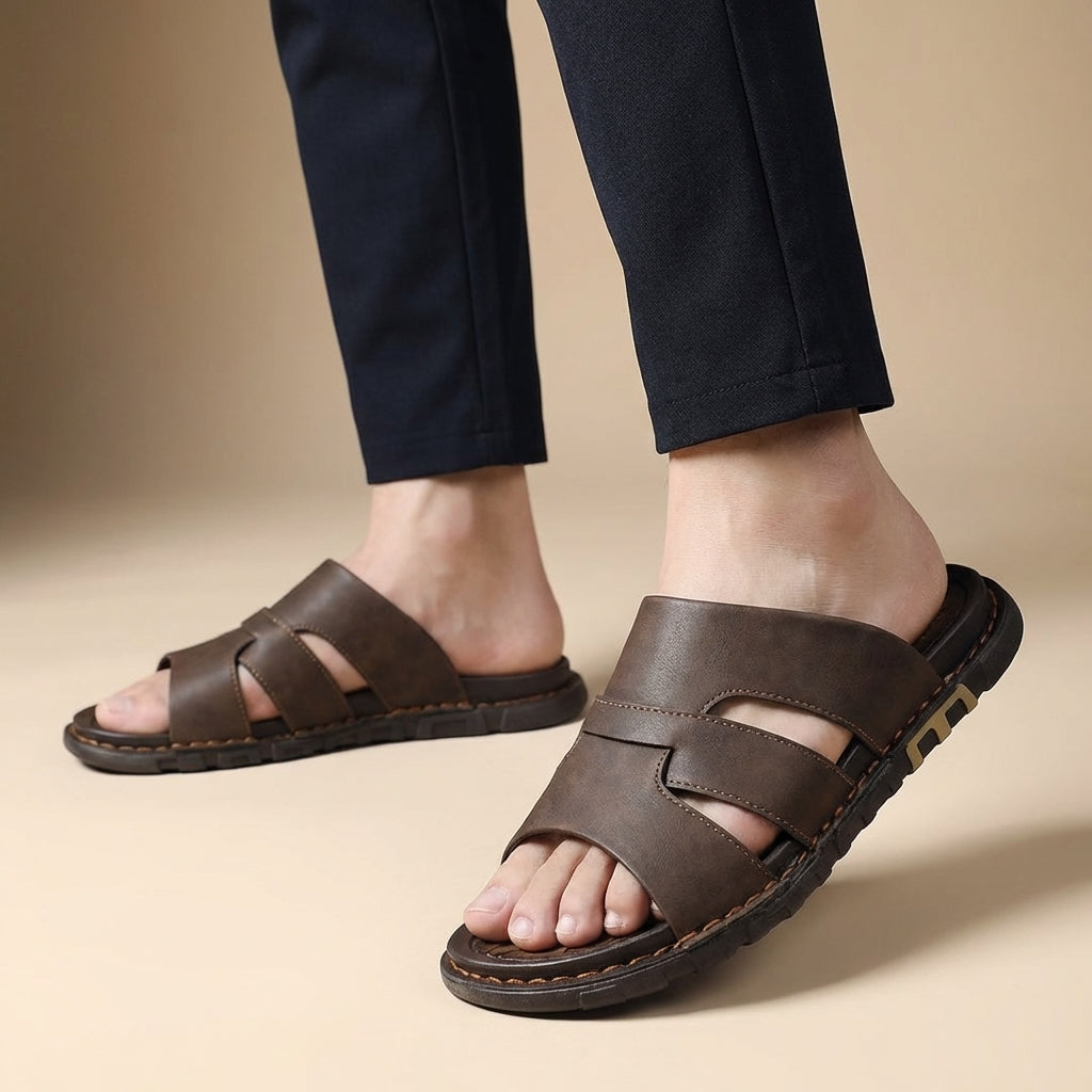 Orthopedic Perforated Leather Slide Sandals for Men – Comfortable Supportive Design