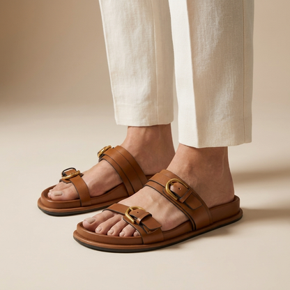 Buckled Strap Open Toe Leather Slides for Women – Orthopedic Cushion Comfort