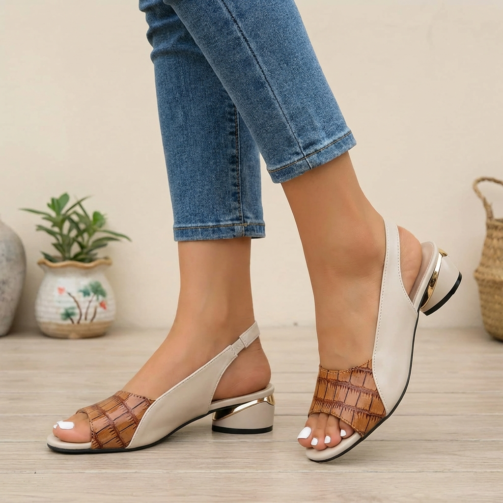 Embossed Slingback Block Heel Sandals for Women – Stylish & Comfortable