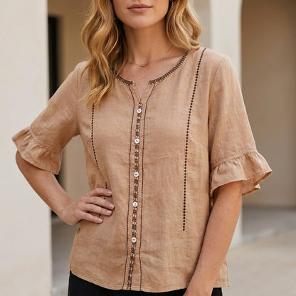 Bohemian Embroidered Flutter Sleeve Blouse for Women – Effortless Everyday Elegance