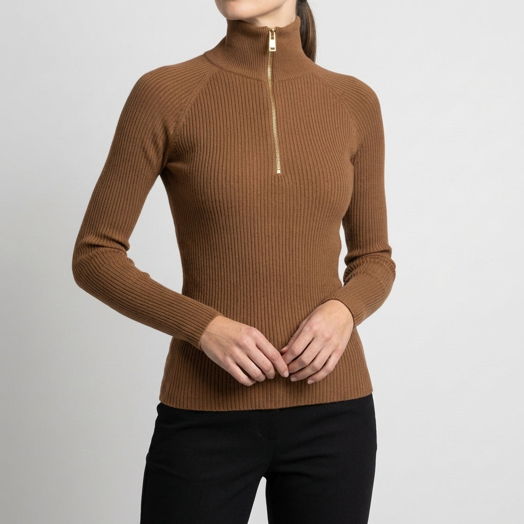 Quarter-Zip Ribbed Slim Fit Turtleneck Top for Women – Flattering Everyday Style
