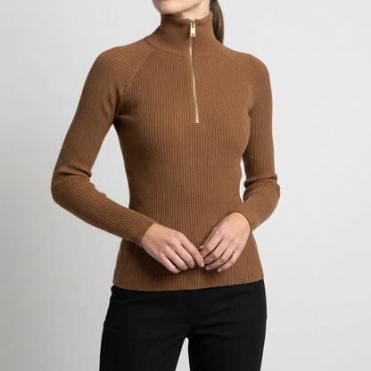 Quarter-Zip Ribbed Slim Fit Turtleneck Top for Women – Flattering Everyday Style