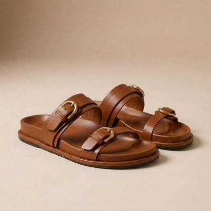 Buckled Strap Open Toe Leather Slides for Women – Orthopedic Cushion Comfort