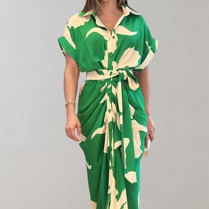 Women's Shirt Dress - Button Closure - Waist Tie - Short Sleeve - Relaxed Fit