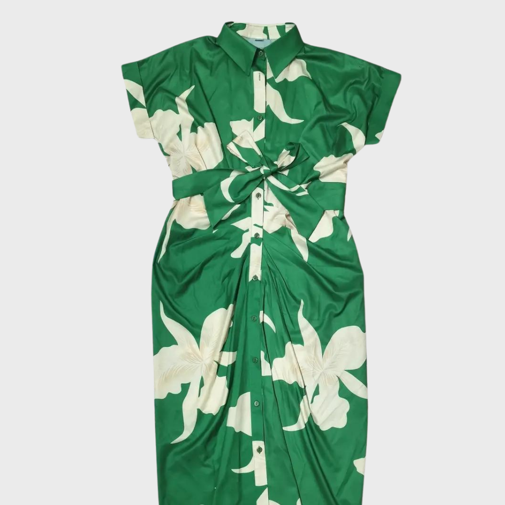 Women's Shirt Dress - Button Closure - Waist Tie - Short Sleeve - Relaxed Fit