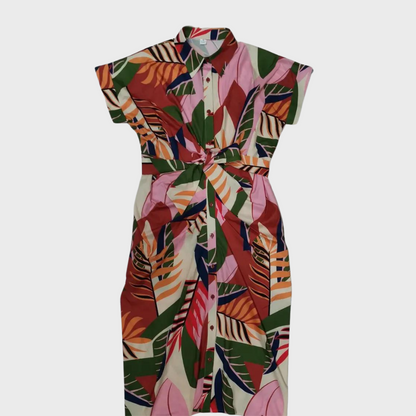 Women's Shirt Dress - Button Closure - Waist Tie - Short Sleeve - Relaxed Fit