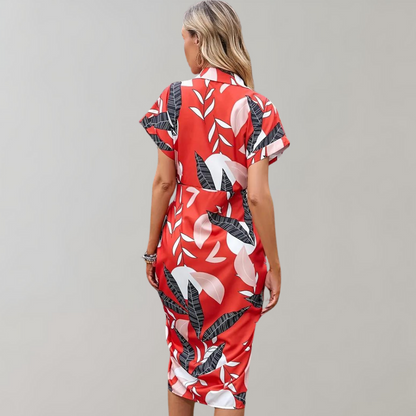 Women's Shirt Dress - Button Closure - Waist Tie - Short Sleeve - Relaxed Fit