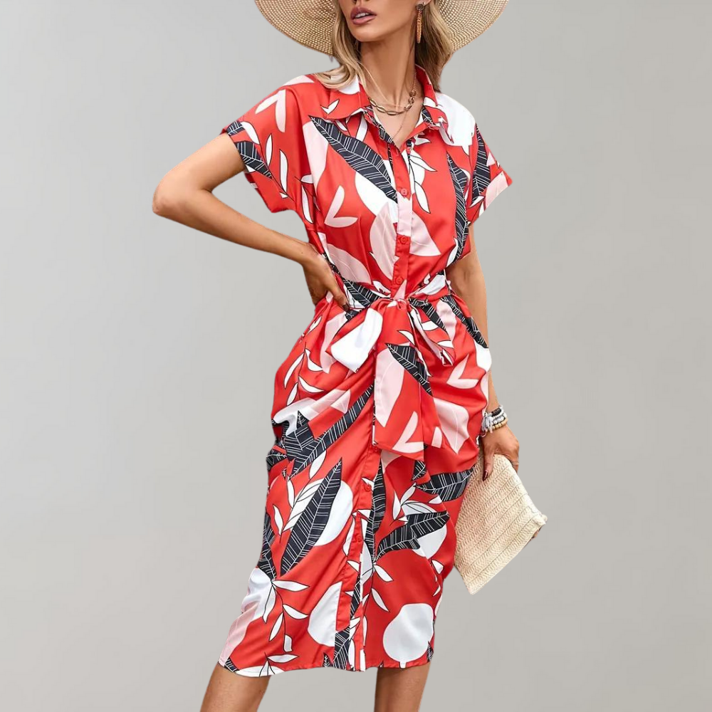 Women's Shirt Dress - Button Closure - Waist Tie - Short Sleeve - Relaxed Fit