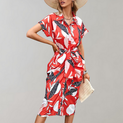 Women's Shirt Dress - Button Closure - Waist Tie - Short Sleeve - Relaxed Fit