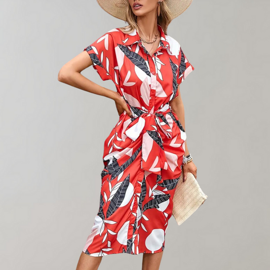 Women's Shirt Dress - Button Closure - Waist Tie - Short Sleeve - Relaxed Fit