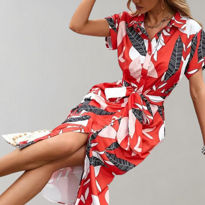 Women's Shirt Dress - Button Closure - Waist Tie - Short Sleeve - Relaxed Fit