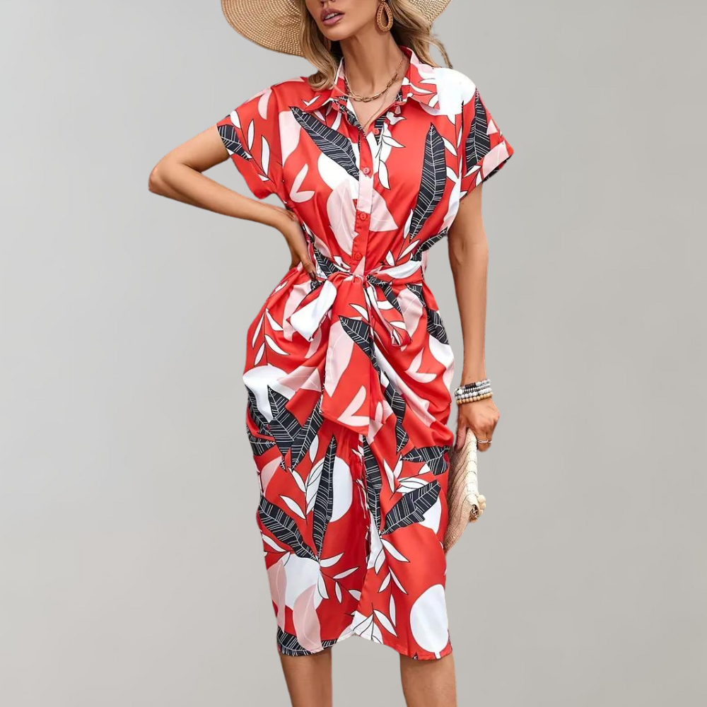 Women's Shirt Dress - Button Closure - Waist Tie - Short Sleeve - Relaxed Fit