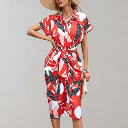 Women's Shirt Dress - Button Closure - Waist Tie - Short Sleeve - Relaxed Fit