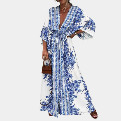 Women's Maxi Dress - Long-Sleeved with Loose Fit - V-Neck & Adjustable Waist - Floral Pattern