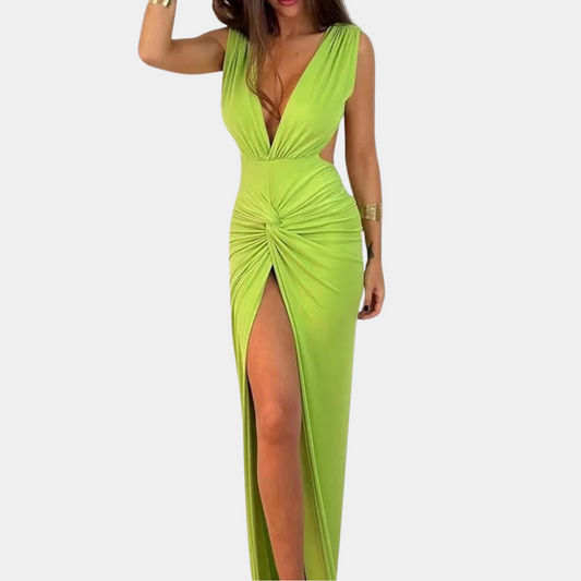 Women's Dress - Sleeveless Evening Dress with Deep V-neck - Slit & Draped Waist - Long Party Dress