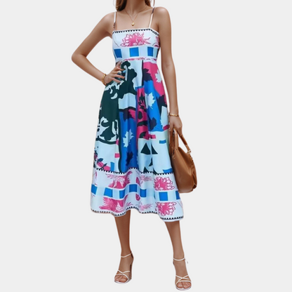 Women's Midi Dress - A-line Fit - Lightweight Fabric - Spaghetti Straps - Print Design