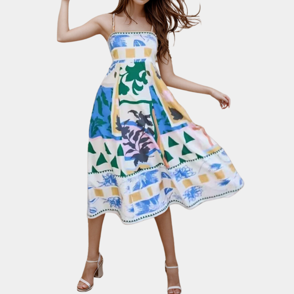 Women's Midi Dress - A-line Fit - Lightweight Fabric - Spaghetti Straps - Print Design