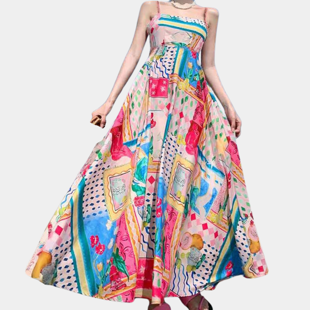 Women's Midi Dress - A-line Fit - Lightweight Fabric - Spaghetti Straps - Print Design
