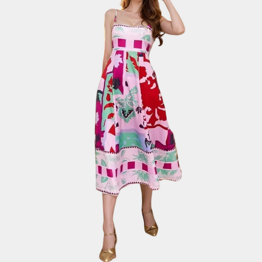 Women's Midi Dress - A-line Fit - Lightweight Fabric - Spaghetti Straps - Print Design