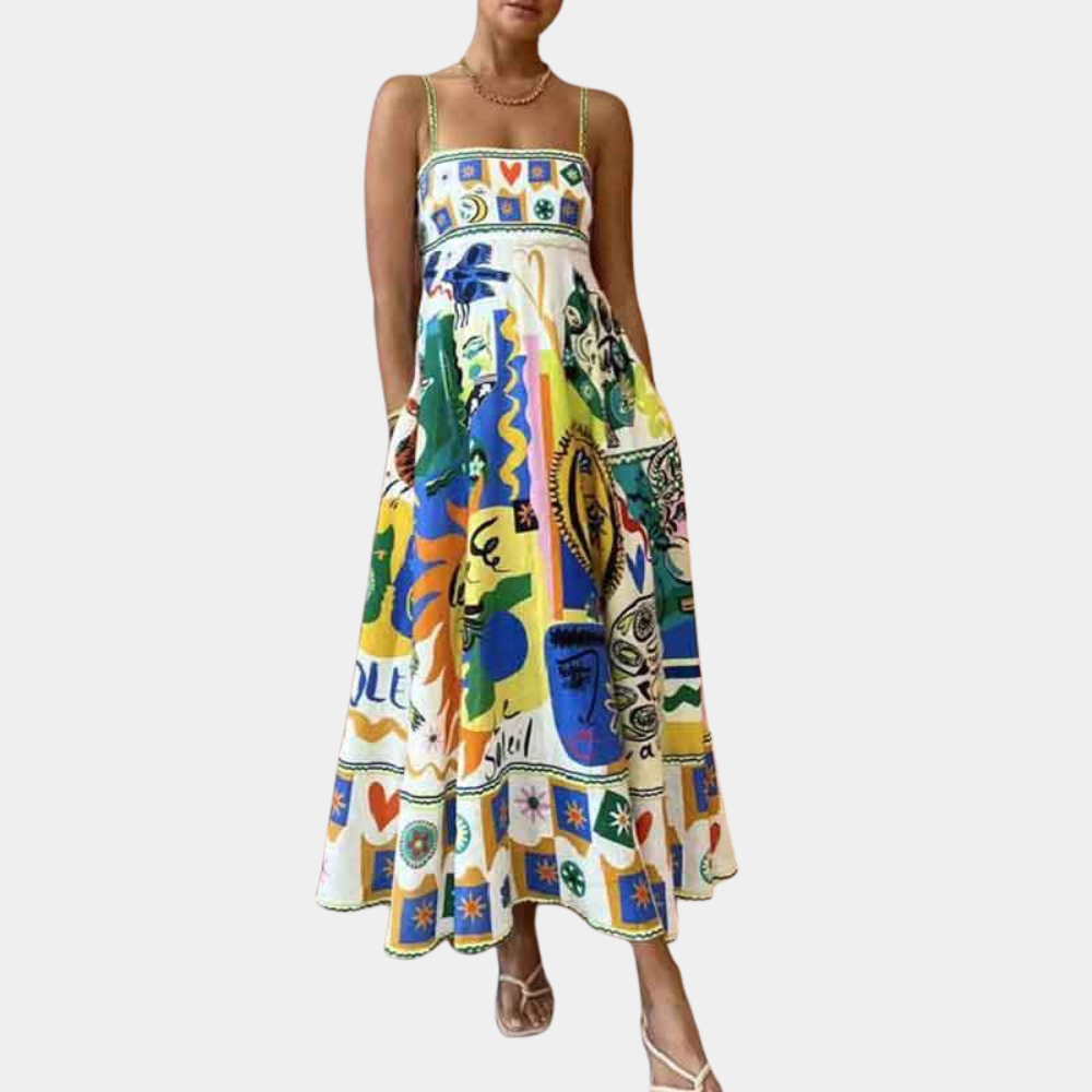 Women's Midi Dress - A-line Fit - Lightweight Fabric - Spaghetti Straps - Print Design