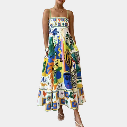 Women's Midi Dress - A-line Fit - Lightweight Fabric - Spaghetti Straps - Print Design