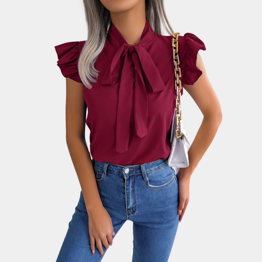 Women's Blouse - Short Sleeves - Bow Collar - Light and Elegant Fit