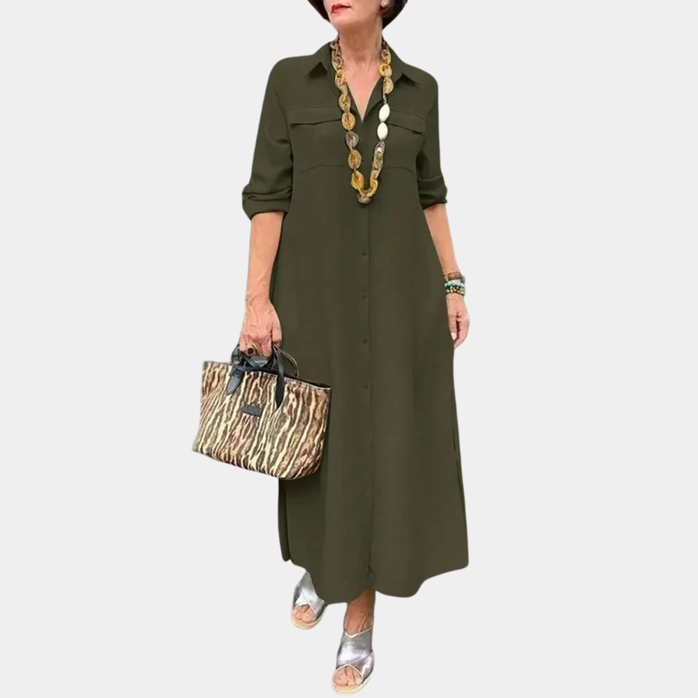 Women's Shirt Dress - Long-Sleeved Maxi - Button Closure - Loose Fit