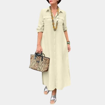 Women's Shirt Dress - Long-Sleeved Maxi - Button Closure - Loose Fit