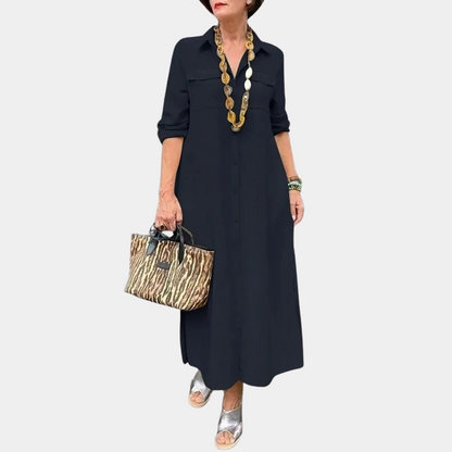 Women's Shirt Dress - Long-Sleeved Maxi - Button Closure - Loose Fit