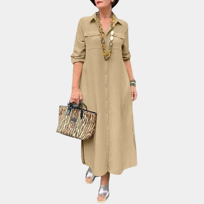 Women's Shirt Dress - Long-Sleeved Maxi - Button Closure - Loose Fit