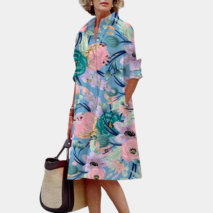 Women's Shirt Dress - Floral - Light and Breathable - 3/4 Sleeves - Relaxed Fit
