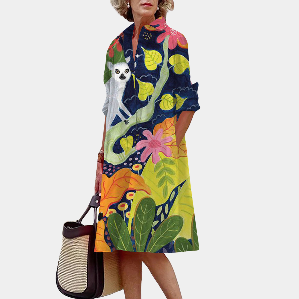 Women's Shirt Dress - Floral - Light and Breathable - 3/4 Sleeves - Relaxed Fit